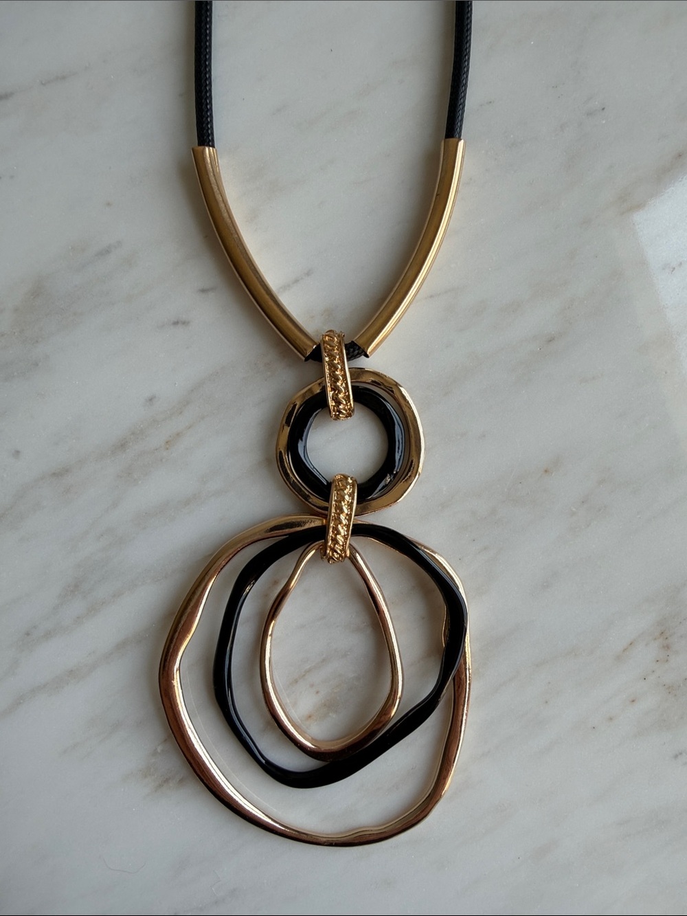 Geometric Contemporary Gold and Black Metal Circle Statement Pendant Necklace - Picture 2 of 4